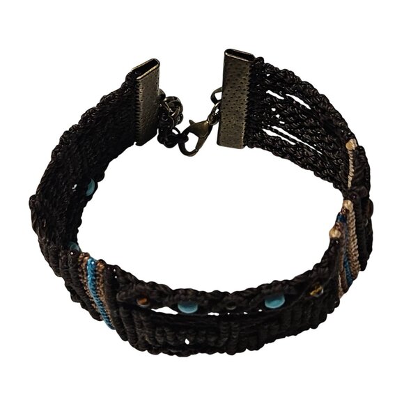 Handwoven Adjustable Bracelet Brown Macrame Blue Beads Metal Chain Closure - Picture 2 of 7
